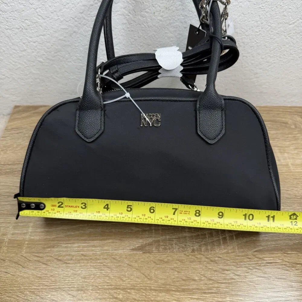 Madden NYC East West Bowler Bag Black Nylon Crossbody Shoulder Bag Heart Charm